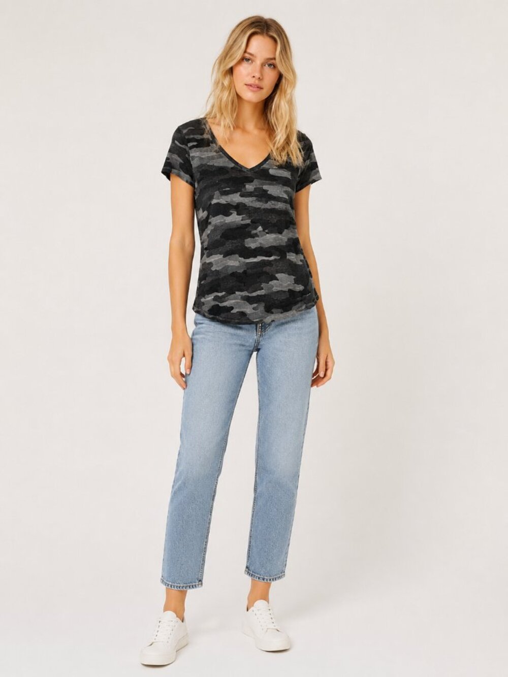 2/$30 Lucky Brand V-Neck Camo Tee Short Sleeve Black Gray 1X #A3468